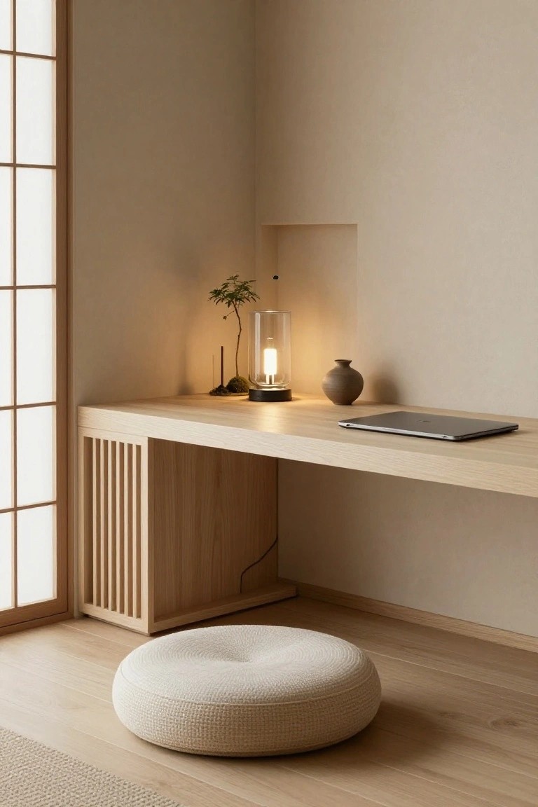A light wood corner desk with a laptop on top, a lit lamp inside a wall niche, and a round woven cushion placed on the floor in front of the desk.