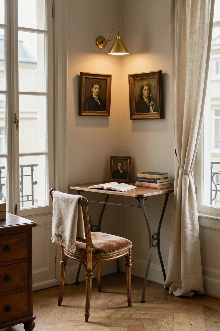 A compact wooden desk with metal legs sits in a room corner beneath two framed portraits, with an open book on top and a velvet chair pulled up to it.
