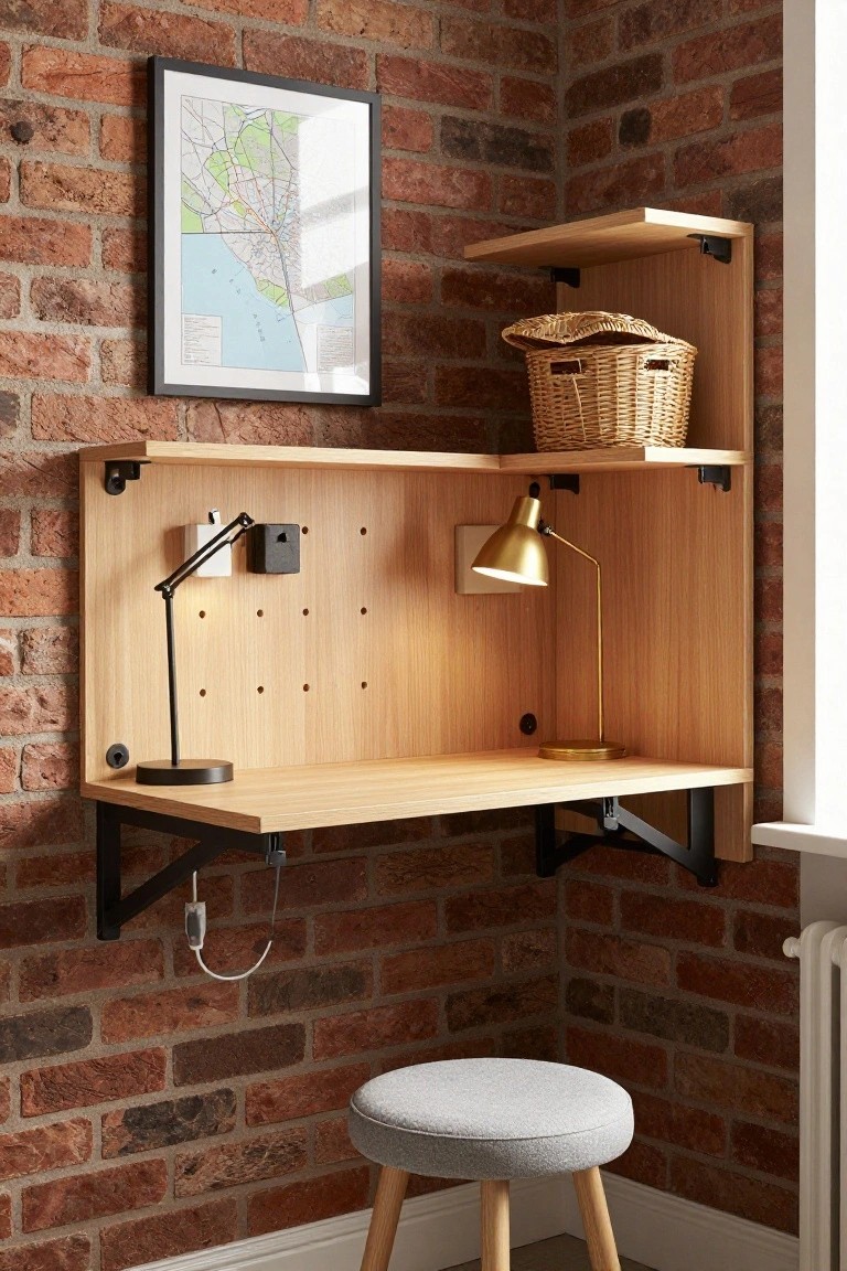 A wooden wall-mounted corner desk with upper shelves, black brackets, two desk lamps, and a gray stool against a brick wall.
