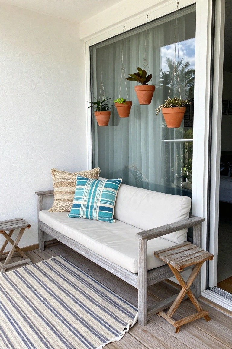 White cushioned wooden sofa on a balcony deck with woven pillows, two folding wooden side tables, striped outdoor rug, and hanging terracotta plant pots visible through a sliding glass door.