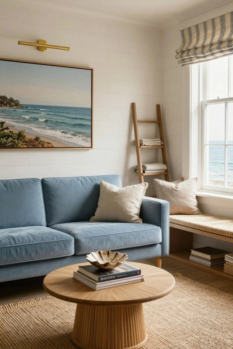 Light blue velvet two-seater sofa in a white paneled living room with wooden coffee table, ladder shelf holding blankets, window bench, and ocean view through large window.