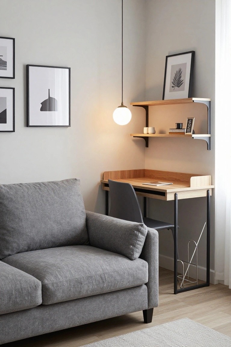 Gray fabric sofa positioned next to a light wood corner desk on black metal legs, with wall-mounted oak shelves holding cups and books, framed black-and-white artwork, and a pendant light in a bright room with light oak flooring.