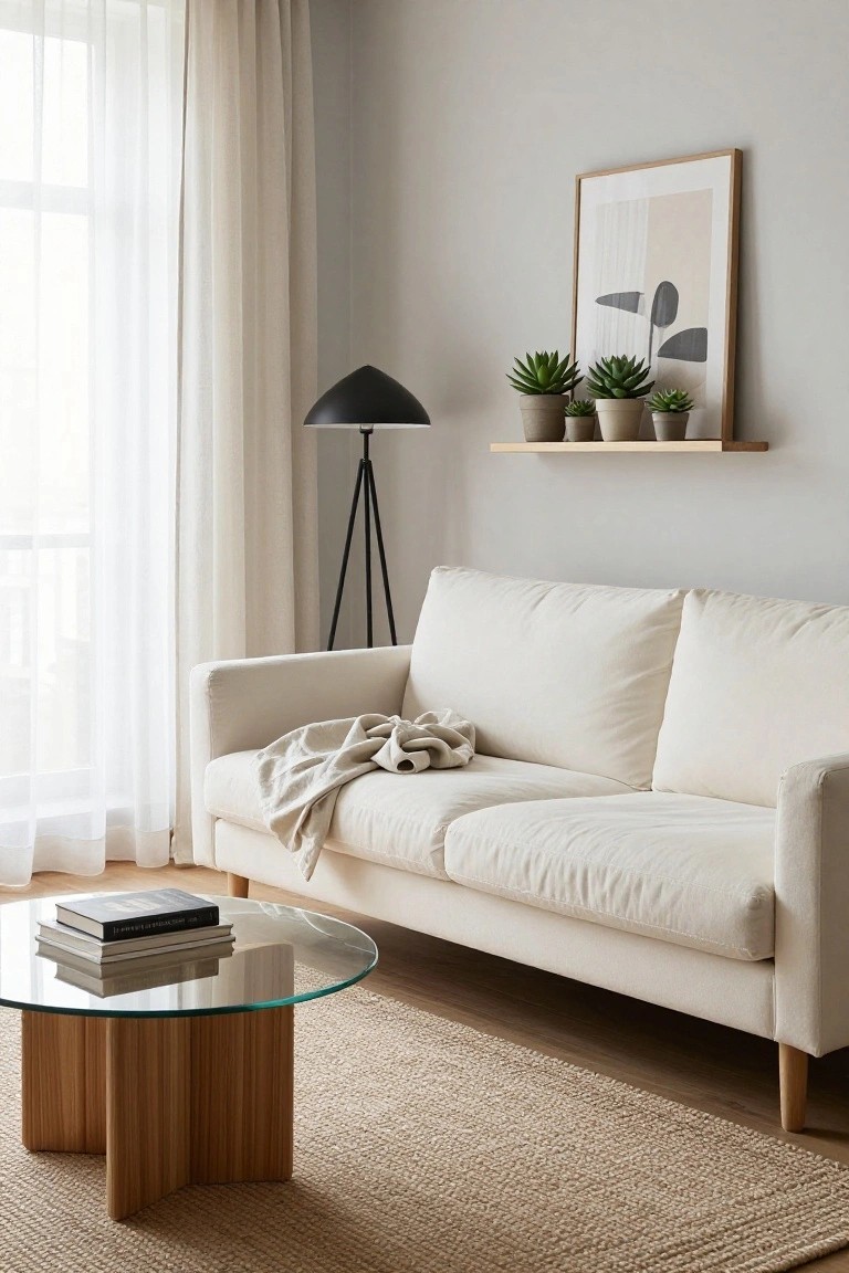 Cream fabric sofa with wooden legs in a light gray living room featuring sheer white curtains, a glass-top wooden coffee table, potted succulents on a wall shelf, a black arc floor lamp, and a large abstract wall art print.