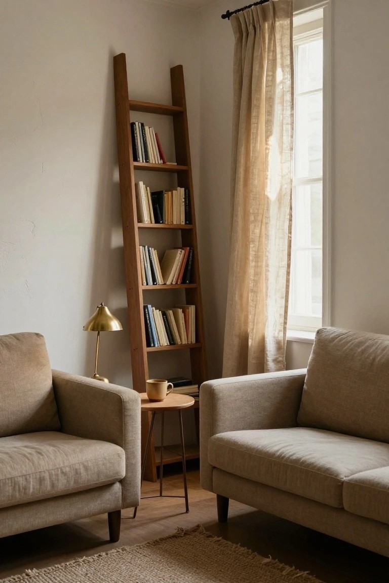 Cozy indoor corner with two facing beige linen sofas around a small wooden side table, brass desk lamp, tall wooden ladder bookshelf filled with books, sheer curtains on window, seagrass rug on wooden floor.