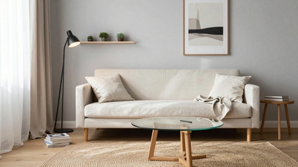 21 Condo Sofa Ideas That Make Compact Rooms Feel Big Cream fabric sofa with wooden legs in a light gray living room featuring sheer white curtains, a glass-top wooden coffee table, potted succulents on a wall shelf, a black arc floor lamp, and a large abstract wall art print.