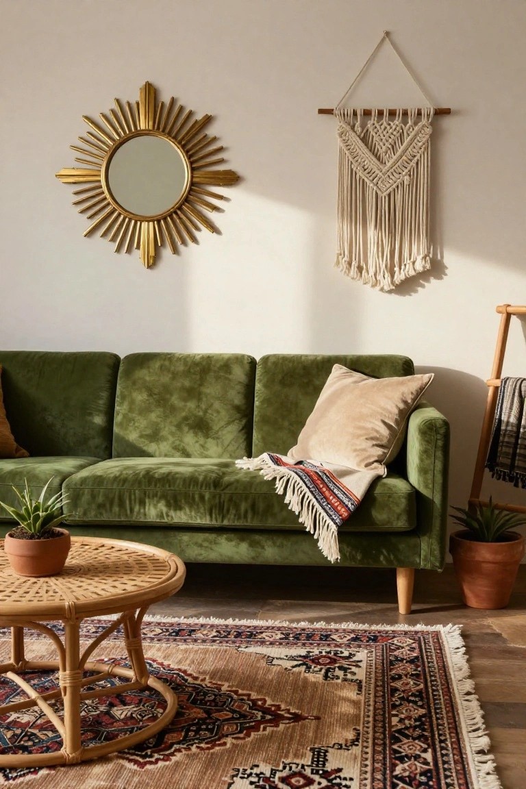 Green velvet sofa with beige pillow, sunburst mirror, macramé wall hanging, and wicker table.