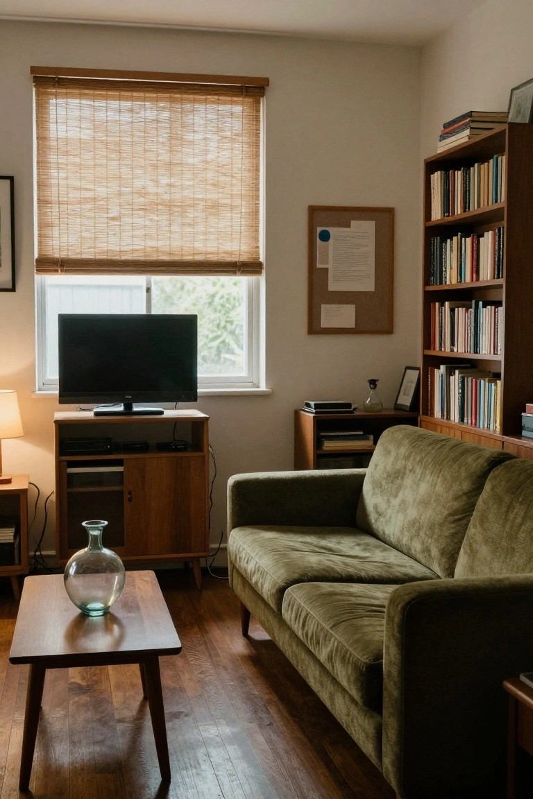 A small living room with a low green velvet sofa, wooden TV stand, coffee table holding a glass vase, bookshelves, lamp, and window with bamboo shades.