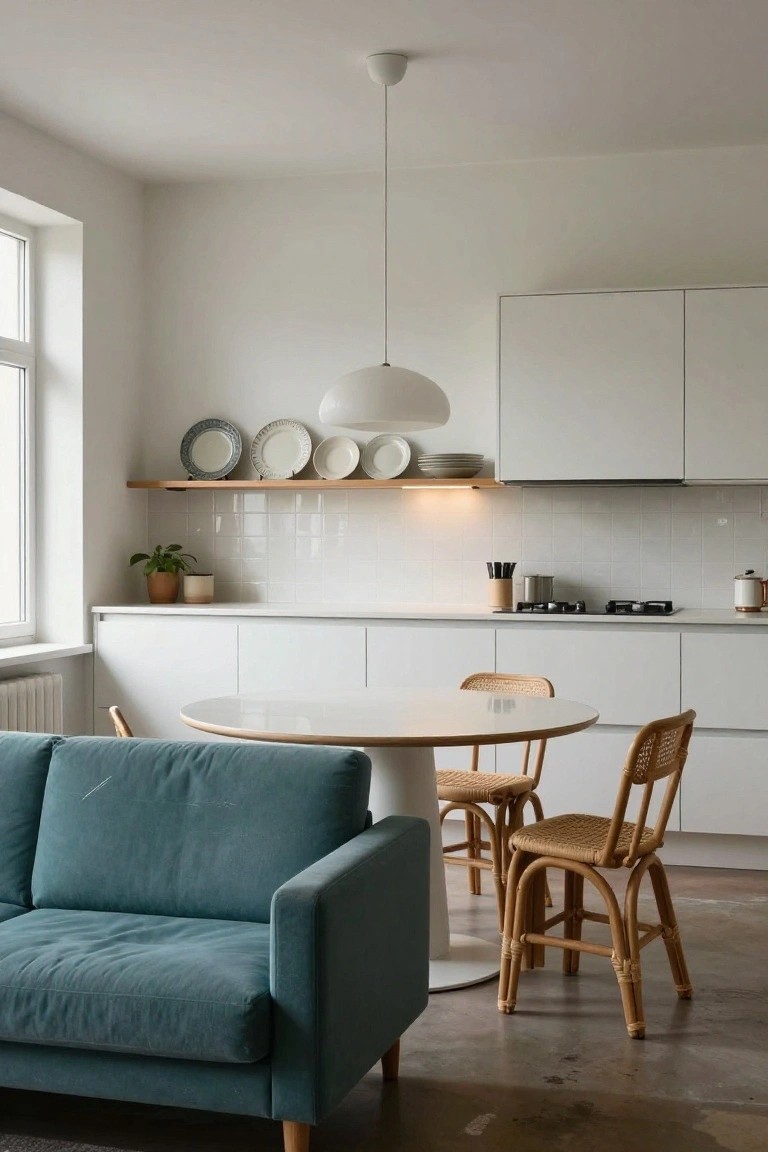 Teal fabric sofa positioned next to a round white table with two rattan chairs in a minimalist white kitchen featuring subway tile backsplash, wooden shelves with plates, and concrete floor.