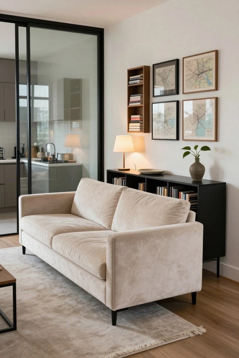 Condo living room featuring a light cream low-profile sofa with slim black legs, black modular bookshelves filled with books, glass sliding doors to a kitchen, wall art of maps, a potted plant, and a beige rug on light wood floors.