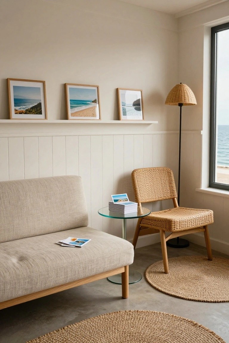 A beige linen sofa in a light corner room with white paneled walls, a rattan chair, glass side table with stacked photos, rattan floor lamp, and three framed beach photos on a shelf next to a large window showing the ocean.