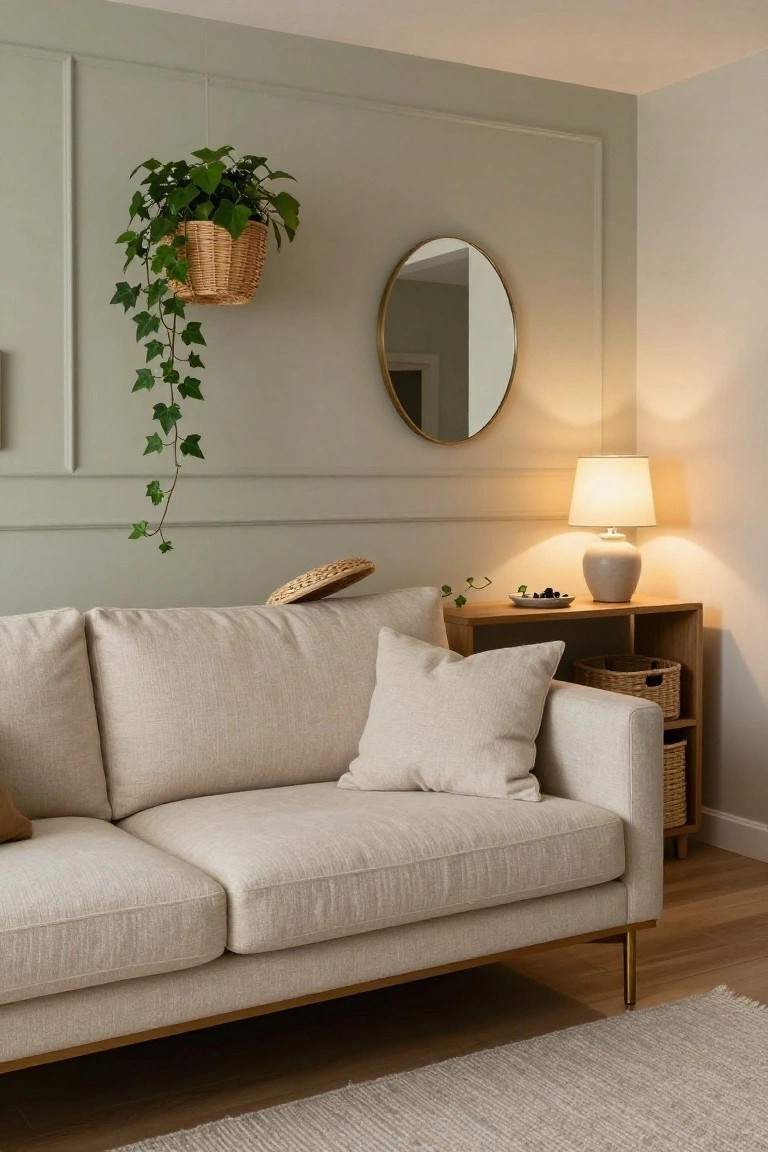 Beige upholstered two-seater sofa with brass legs in a sage green paneled living room, next to a wooden console table with ceramic lamp, woven baskets, round gold mirror, and hanging ivy plant in wicker basket.