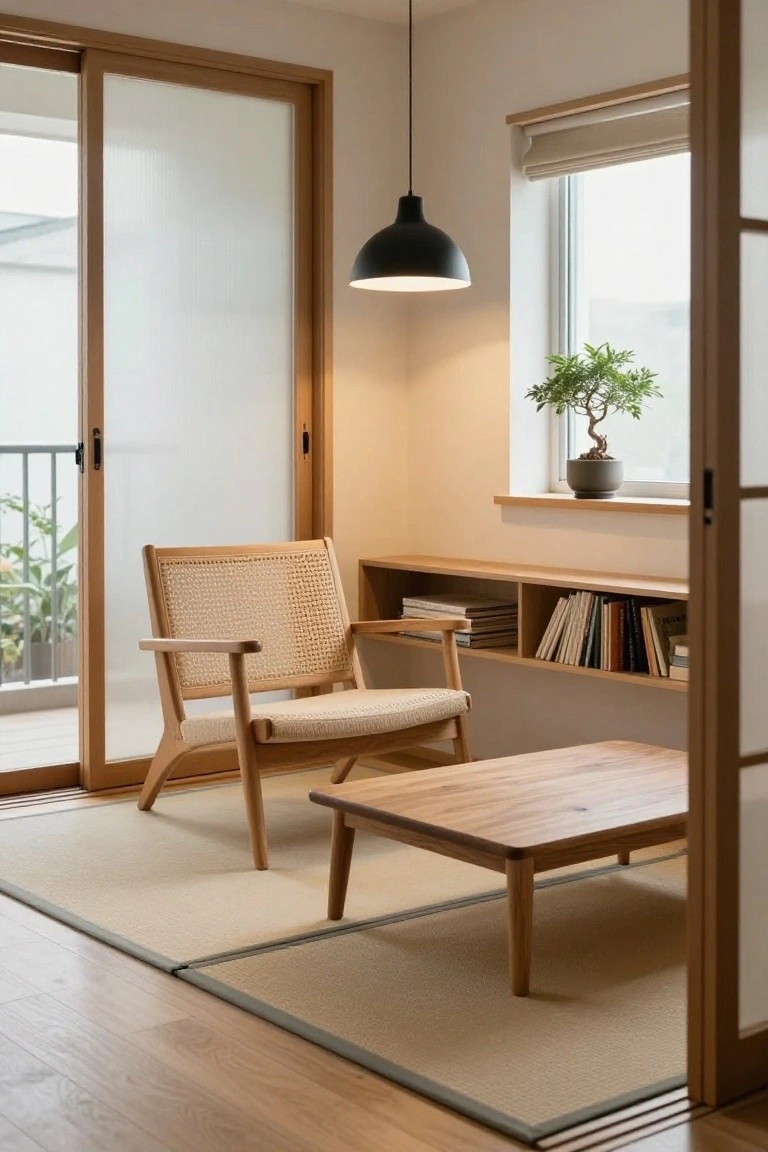 Light-colored room with beige rattan armchair on tatami rug, low wooden coffee table, built-in wooden bookshelves holding stacked books, black pendant light, sliding wood doors to balcony, and bonsai plant on windowsill.