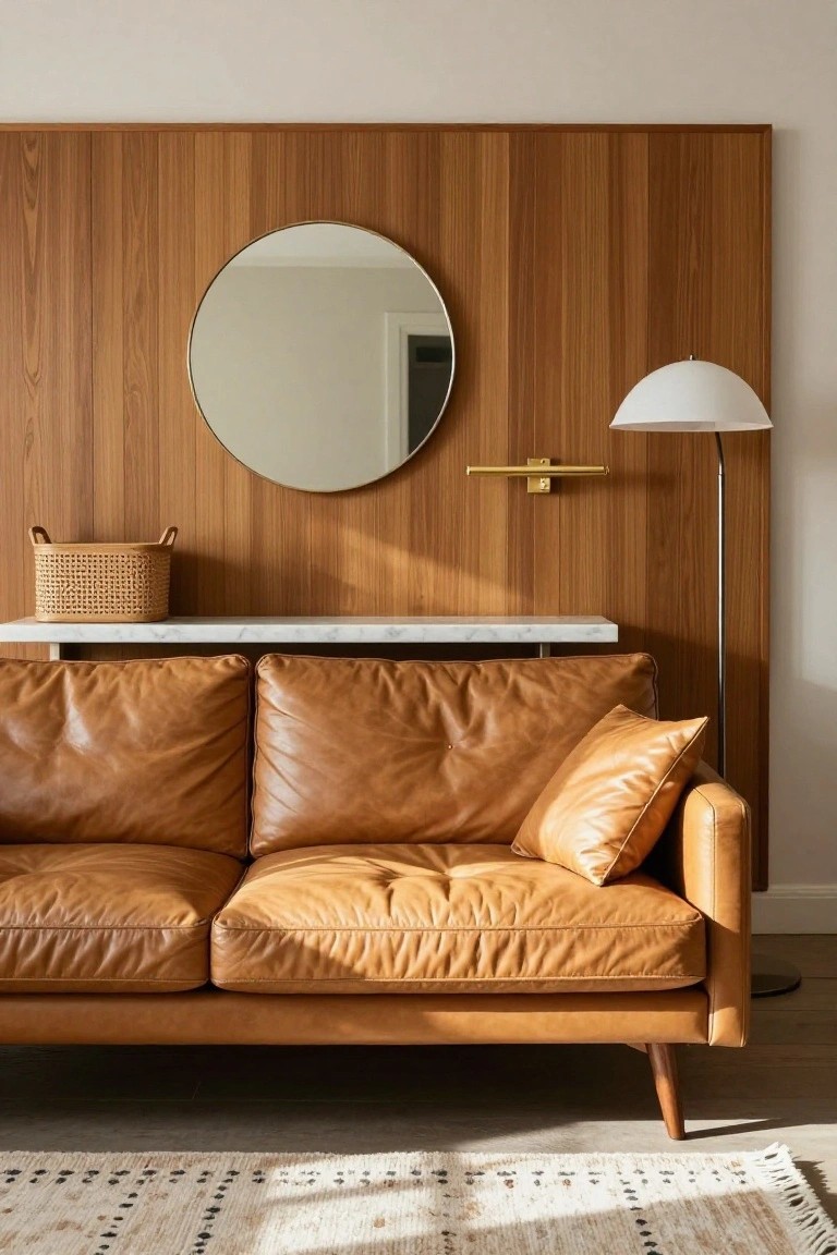 Tan low-profile leather sofa against a light wood paneled wall with round gold mirror, white marble console table holding wicker basket, white arc floor lamp, and light woven rug on wood floor in a modern interior.