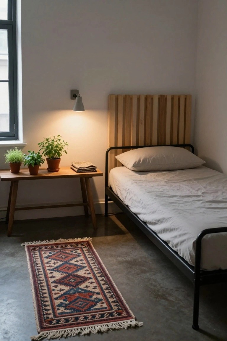 Small bedroom featuring a black metal frame single bed with white sheets, wooden slat headboard, wooden side table with three potted plants, and a colorful patterned runner rug on a concrete floor next to a large window.