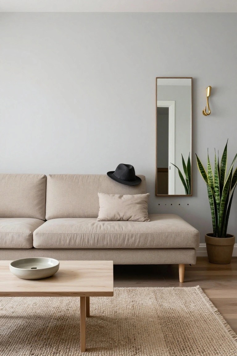 Beige low-profile sofa with slim wooden legs in a light gray living room next to a tall mirror, snake plant in terracotta pot, wooden coffee table with white bowl, and seagrass rug on light wood floors.