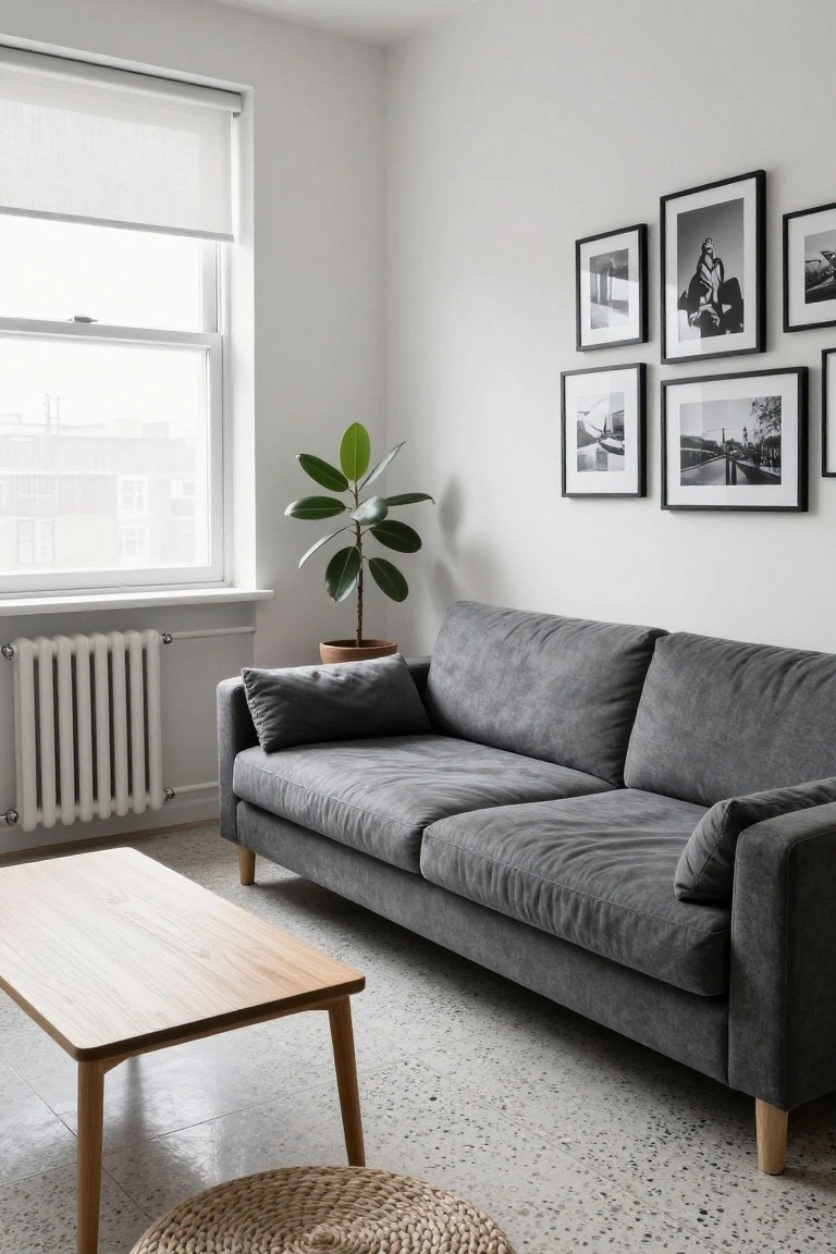 White-walled corner of a living room with low gray upholstered sofa, light wooden coffee table, potted plant in terracotta pot, rattan pouf on speckled tile floor, radiator under window with roller blind, and black-framed black-and-white photos on wall.