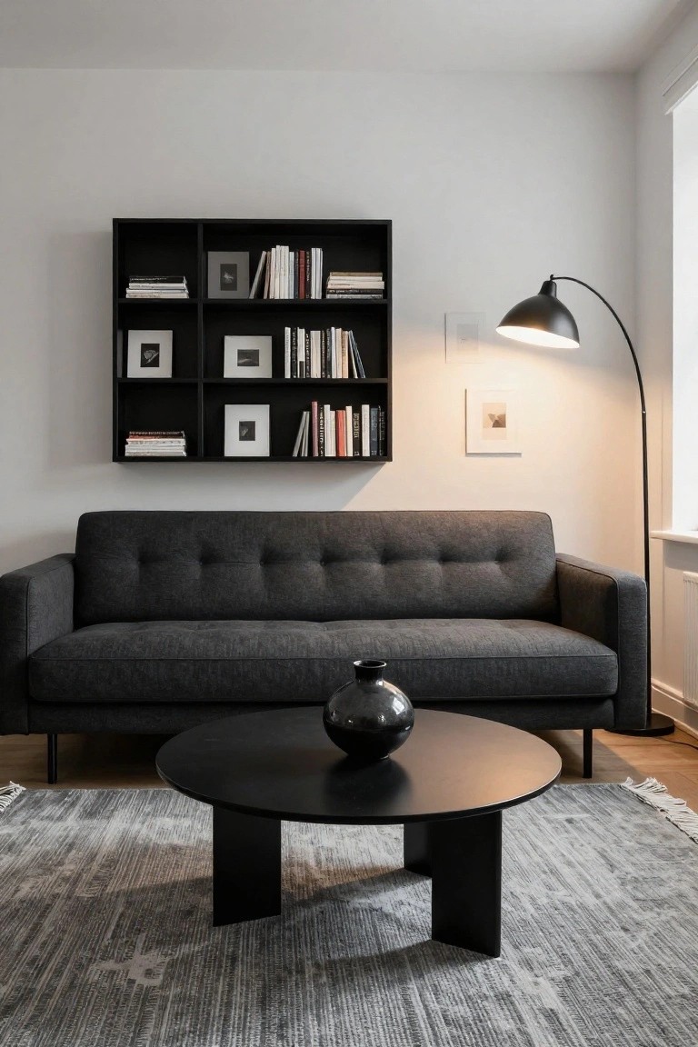 A modern compact living room featuring a low dark gray tufted sofa with slim legs, a black round coffee table holding a black vase, a black wall-mounted bookshelf with books and frames, an arc floor lamp, and a gray rug on light wood floors against white walls.