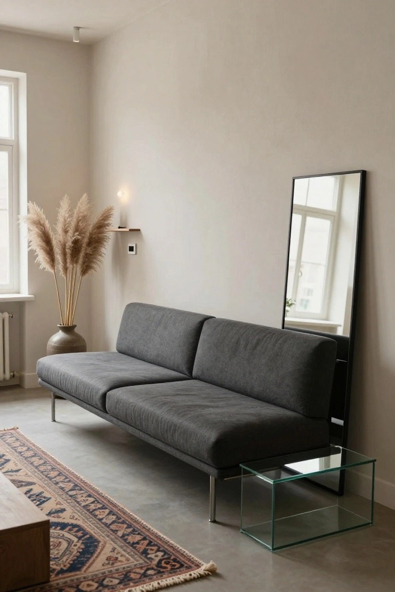 A low gray sofa on thin metal legs sits in a minimalist living room with beige walls, tall pampas grass in a vase, a black-framed full-length mirror, a clear glass side table, and a patterned rug on a concrete floor.