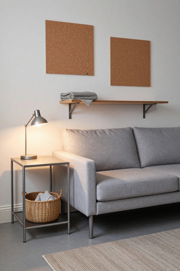 Light gray fabric sofa in a minimalist living room next to slim black metal side table with adjustable desk lamp, wicker basket holding folded gray linens on lower shelf, two cork bulletin boards on white wall above wooden wall shelf with folded checkered blanket, beige rug on light concrete floor.