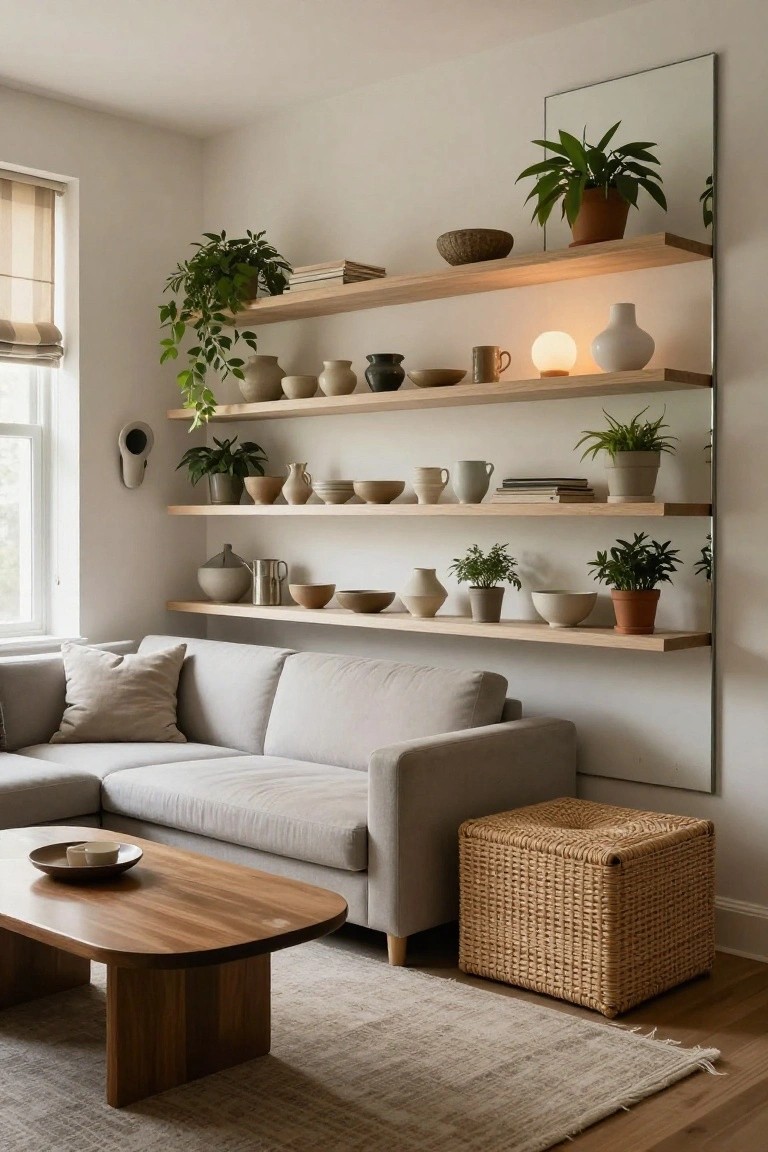Living room corner featuring a light gray low-profile sofa next to tall wooden floating shelves displaying pottery, plants, vases, and books against a white wall with a large mirror.