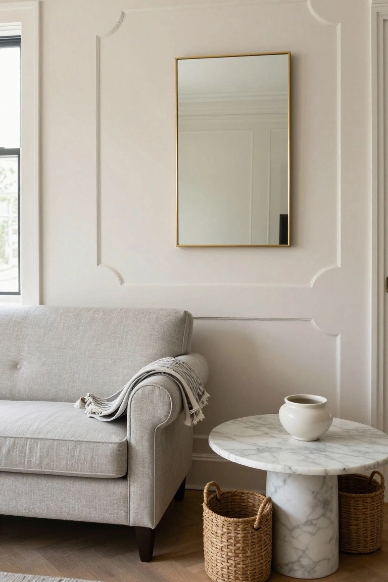 Light gray tufted sofa with gray throw draped over arm beside round white marble pedestal side table topped with white ceramic vase and flanked by two seagrass baskets in beige-walled room with gold-framed mirror above.