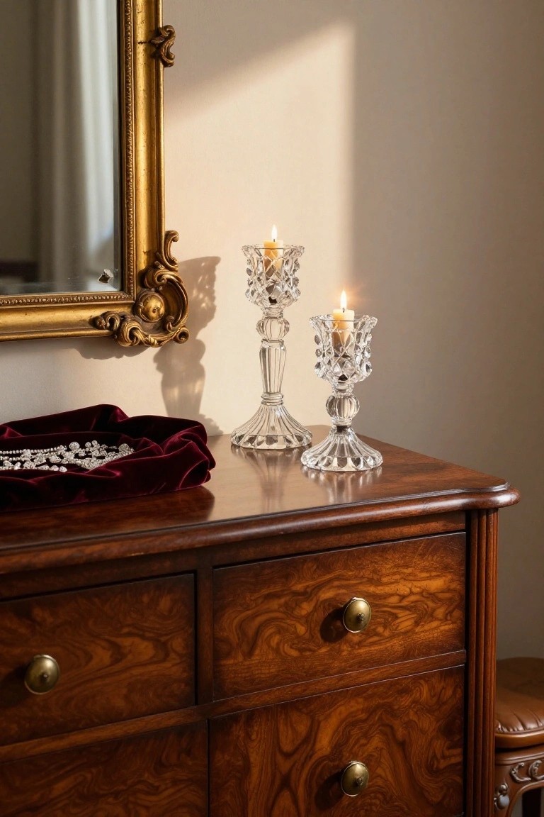 A dark wood dresser with two lit candles in crystal holders beside a gold-framed mirror and a red velvet tray holding jewelry.