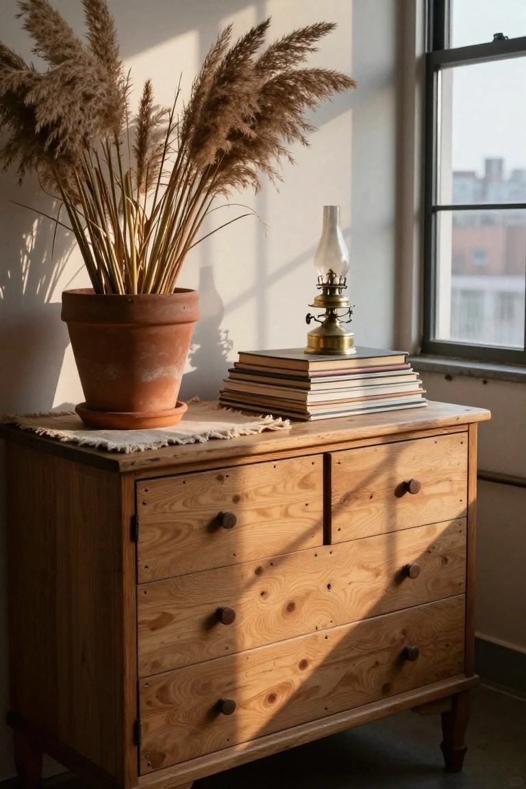 A wooden dresser with a terracotta pot of tall dried grasses and a stack of books topped by a brass lamp.
