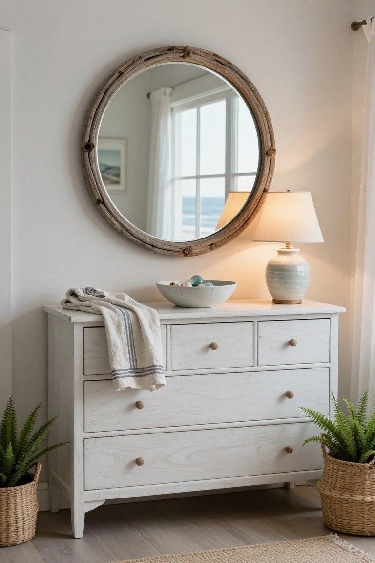 A white wooden dresser with a round driftwood mirror above it, a lit table lamp, a bowl, and a draped cloth, with potted ferns in baskets on either side.