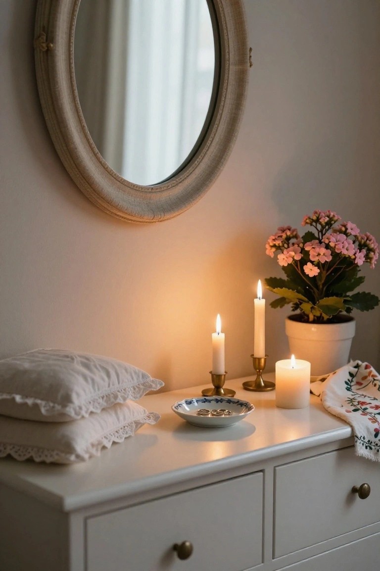 White dresser with lit candles, flowers, and oval mirror.