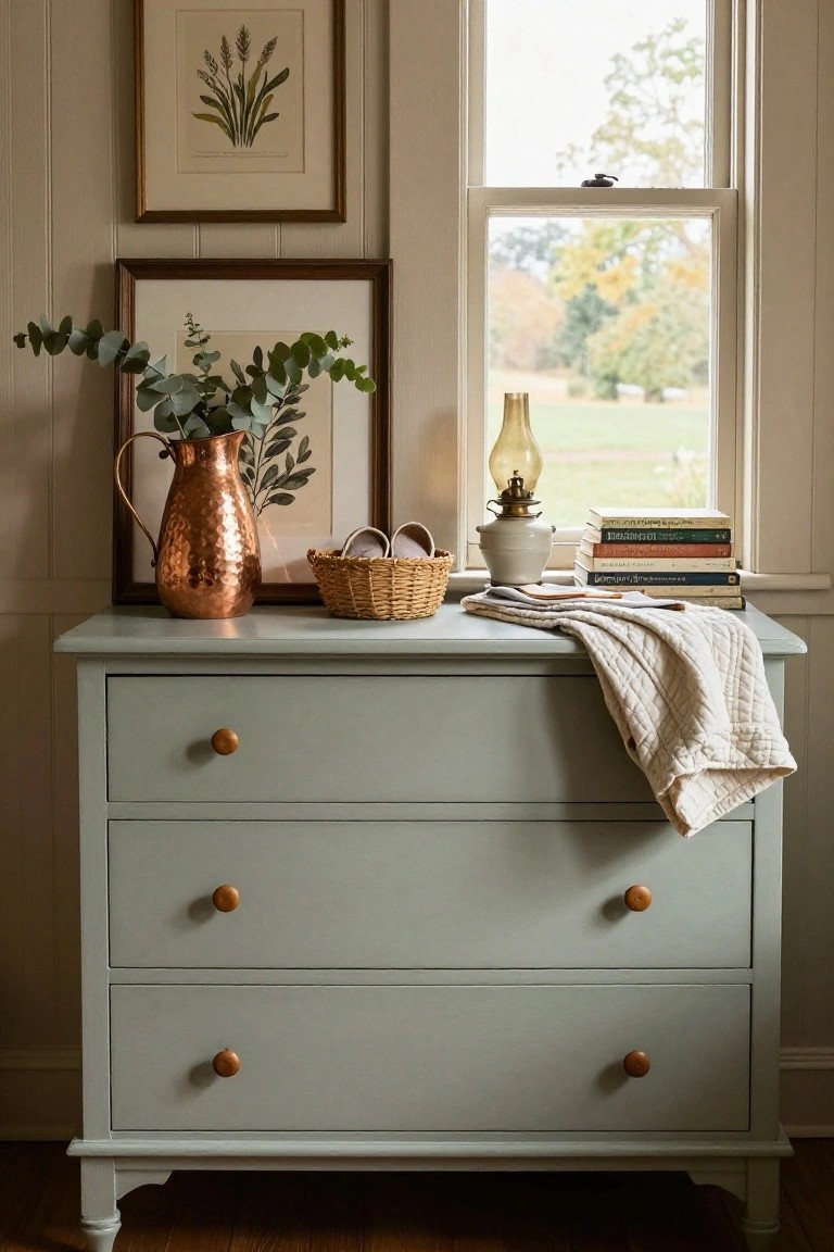 Sage green dresser with copper pitcher, books, and autumn view.