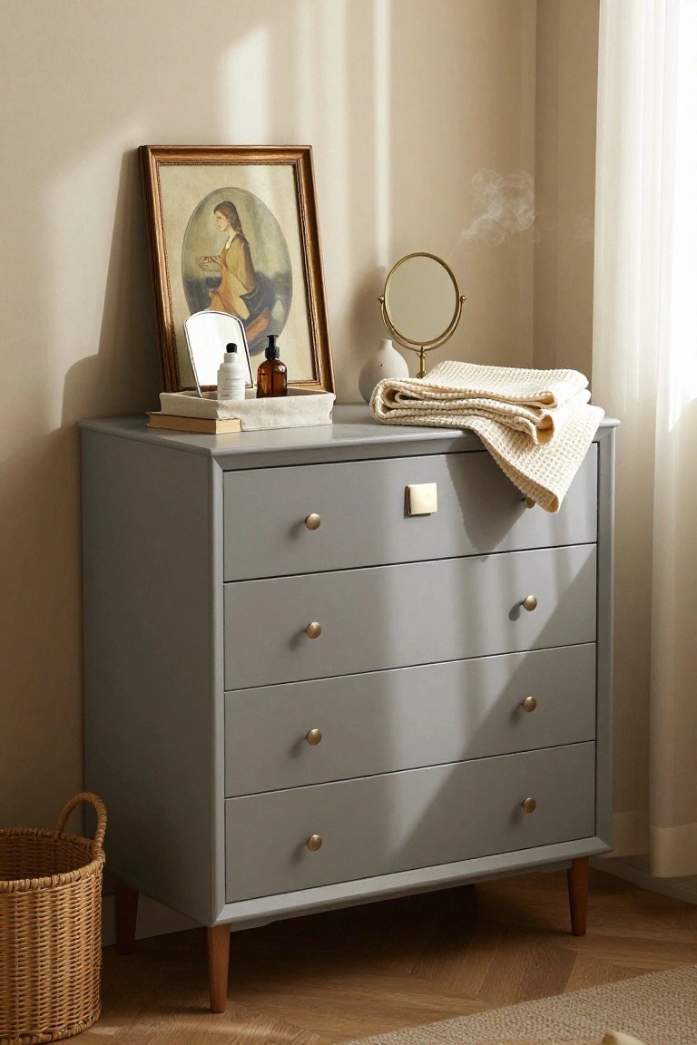 A gray dresser topped with a framed painting, a tray holding toiletries and a small mirror, a standing mirror, and a cream throw blanket draped over the right side.