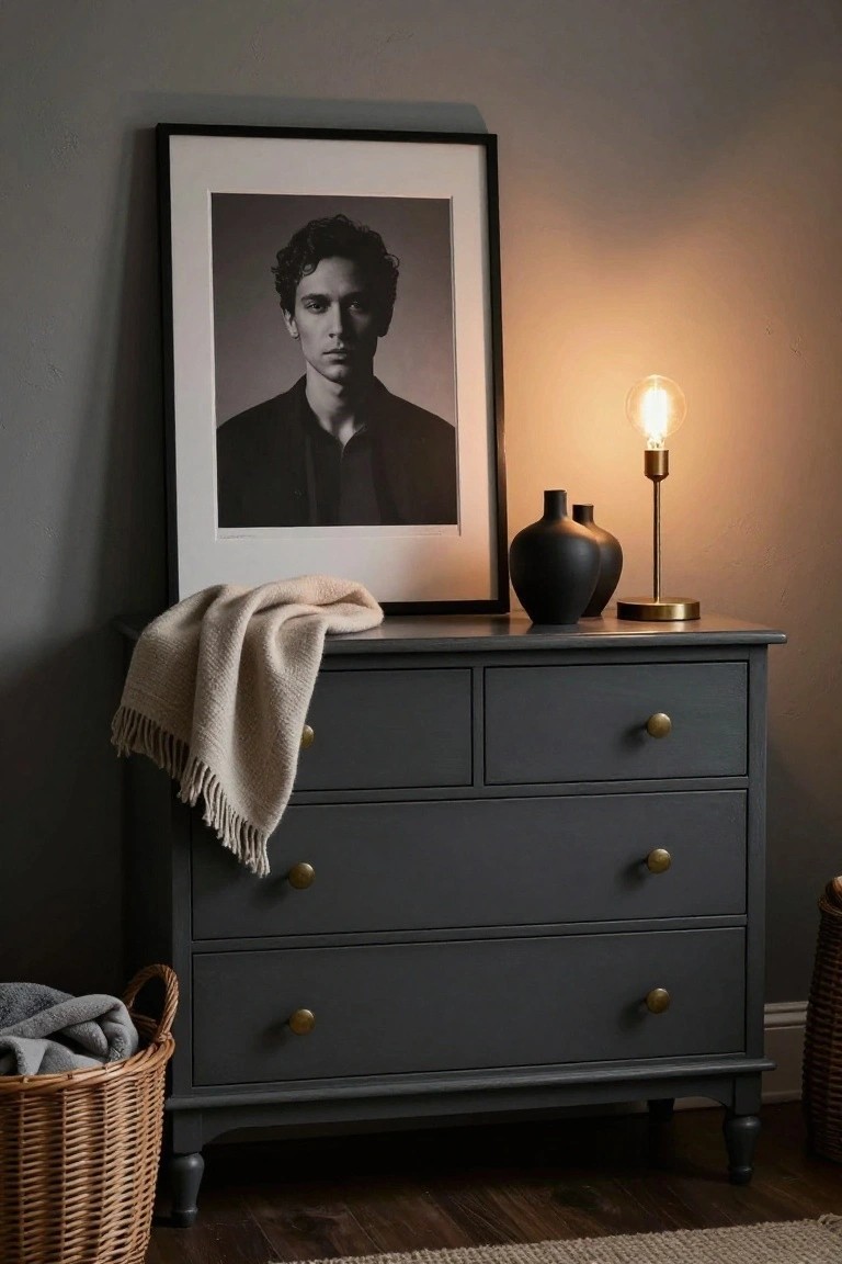 A dark gray dresser with a beige throw draped over the left side, topped with a large framed black and white portrait, a lit brass lamp, and two black vases.