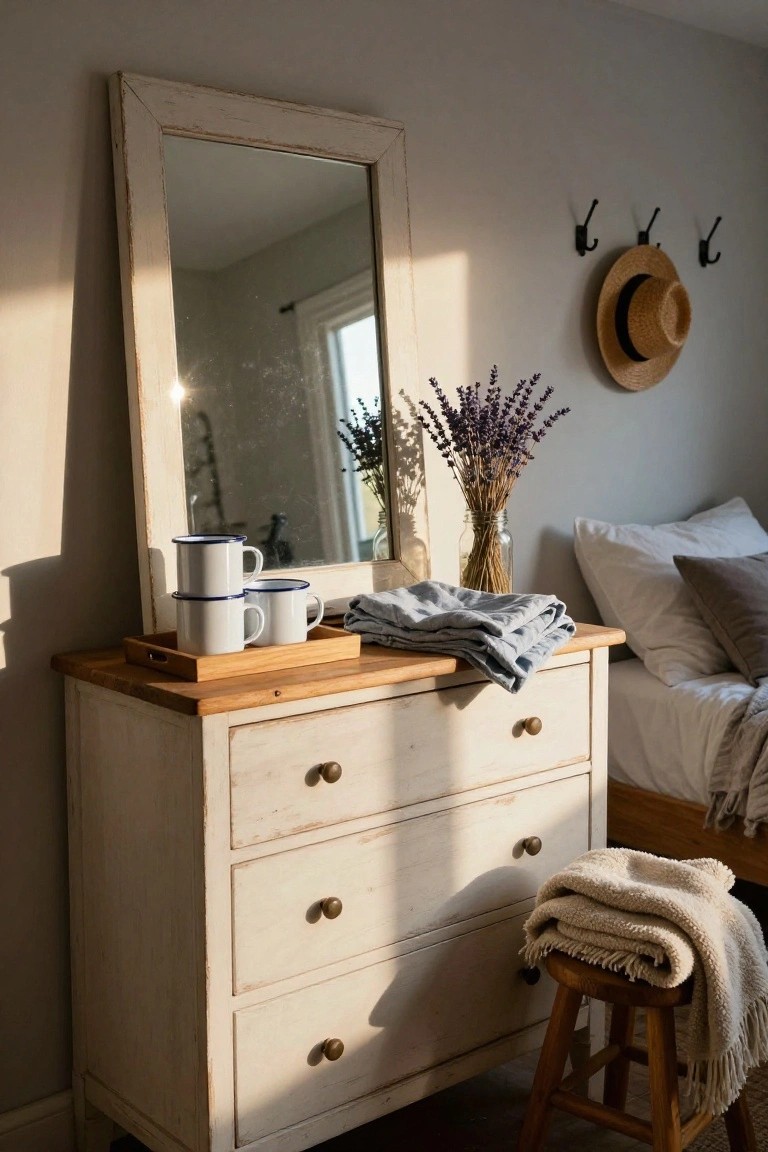 White distressed dresser with mirror, mugs, lavender, and wooden stool.