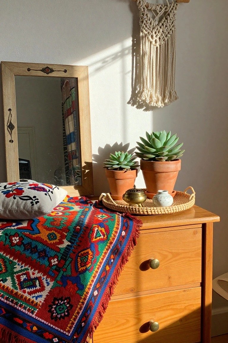 Wooden dresser with succulents, macrame, mirror, and colorful patterned blanket.
