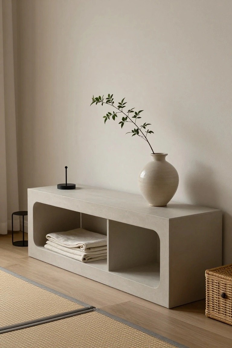 Minimalist beige console table with vase, branch, and folded linens.