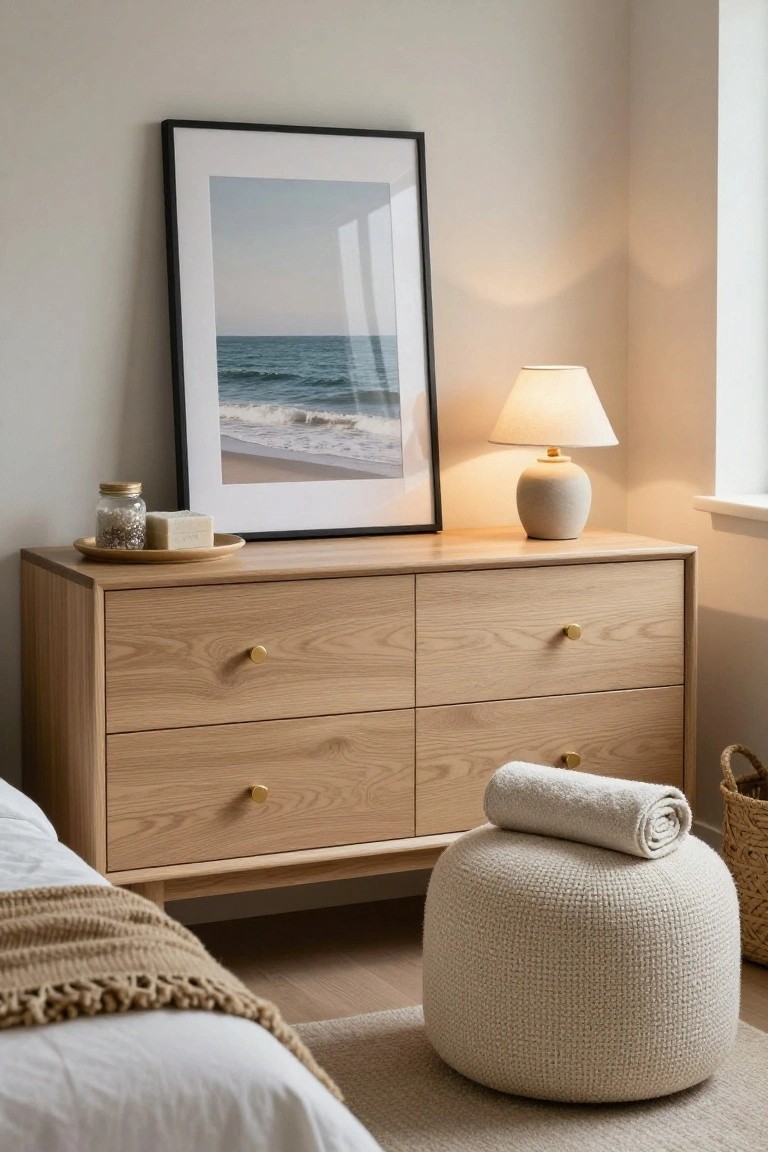 Light wood dresser with ocean print, lamp, and woven ottoman in bedroom.