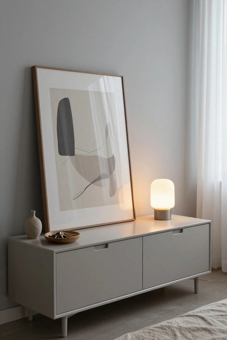 A light gray dresser holds a large leaning framed abstract print, a glowing table lamp, a small ceramic vase, and a wooden bowl with decorative items.