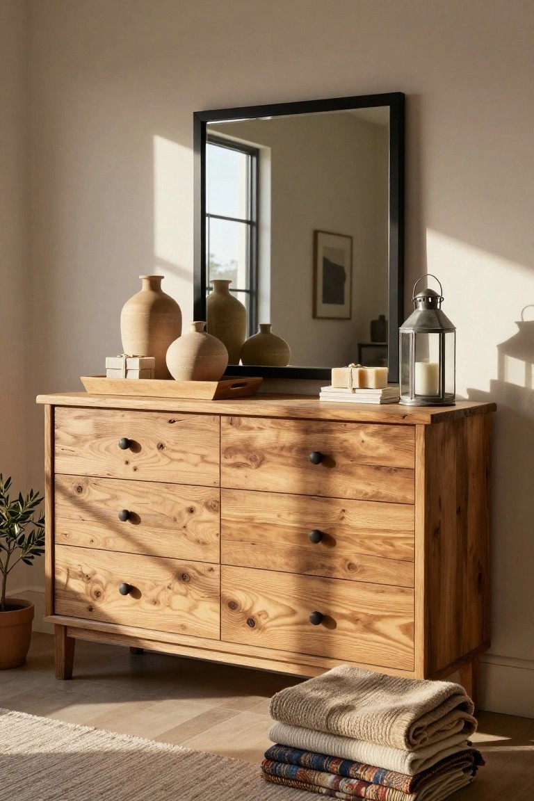 A light wood dresser with multiple drawers holds several clay vases on top, a black-framed mirror hangs above it, and folded blankets rest on the floor to the right.