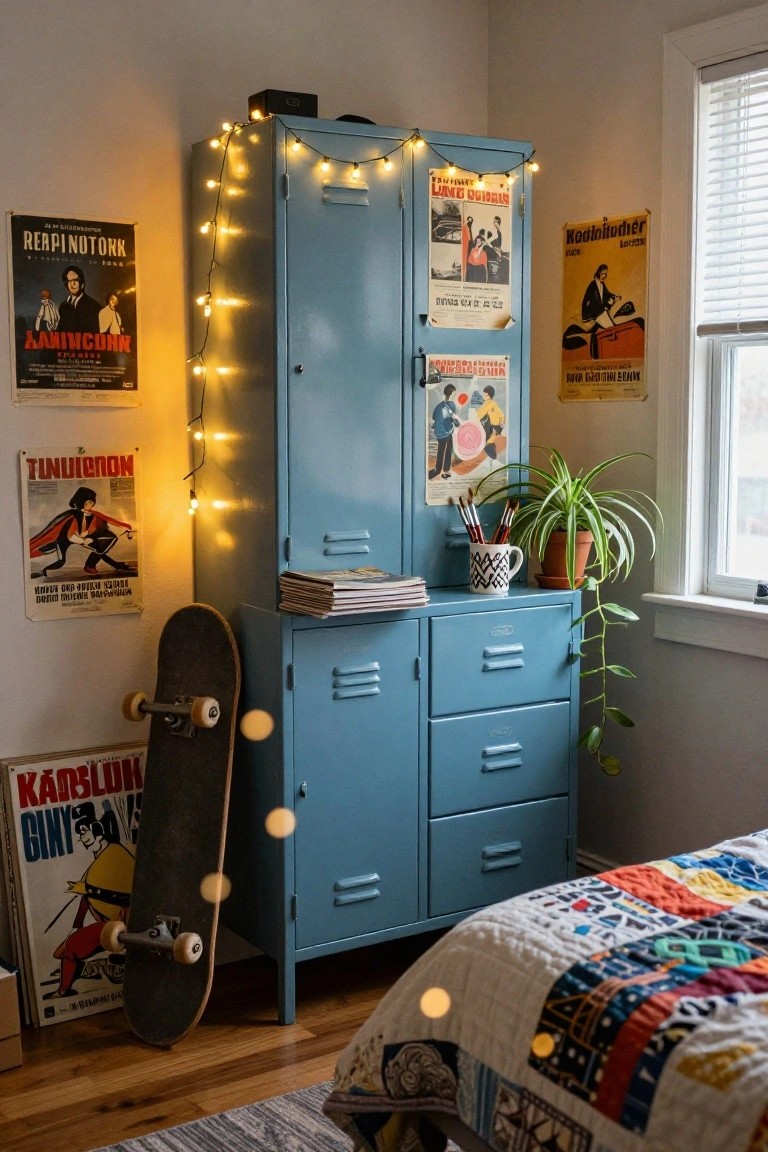 A blue metal storage cabinet in a bedroom with string lights draped across the top and sides, posters attached to the doors, and a skateboard leaning nearby.