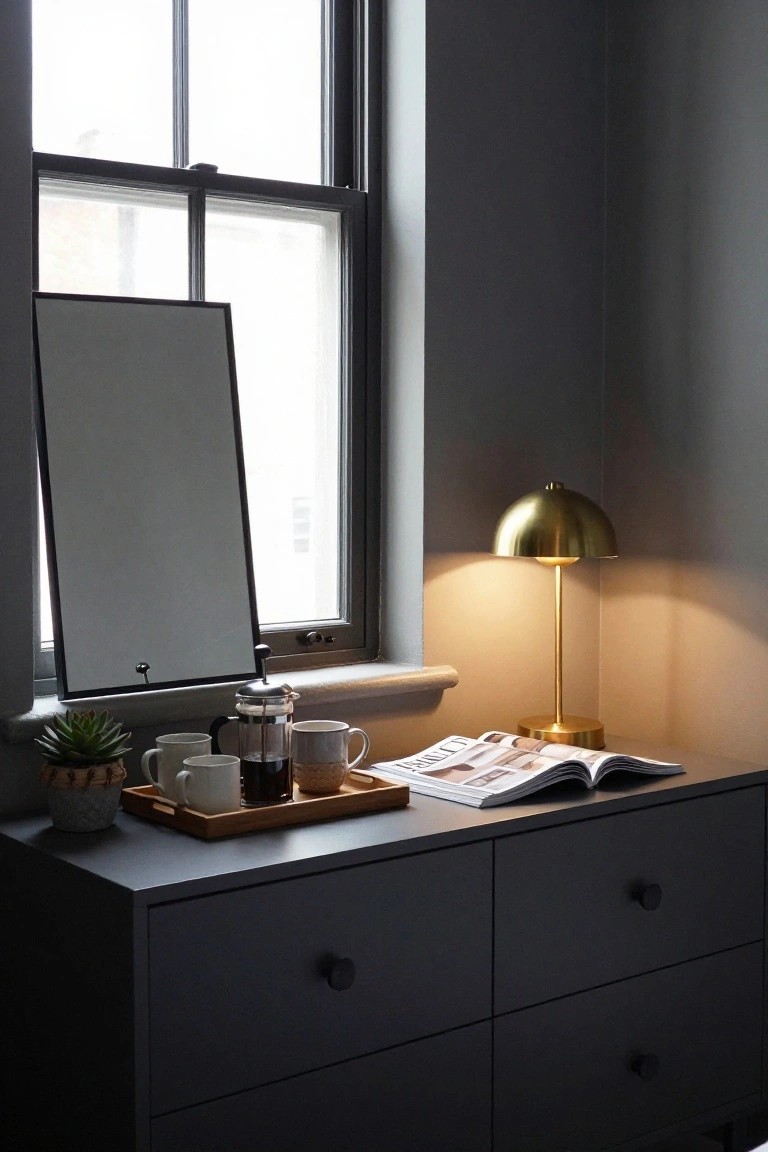 A dark gray dresser under a window holds a wooden tray with mugs and a French press, a lit brass lamp, a small potted plant, and an open magazine.