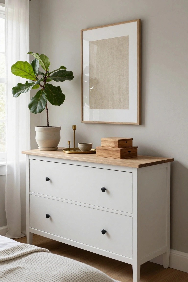 White dresser with plant, gold accents, and framed art in minimalist bedroom.