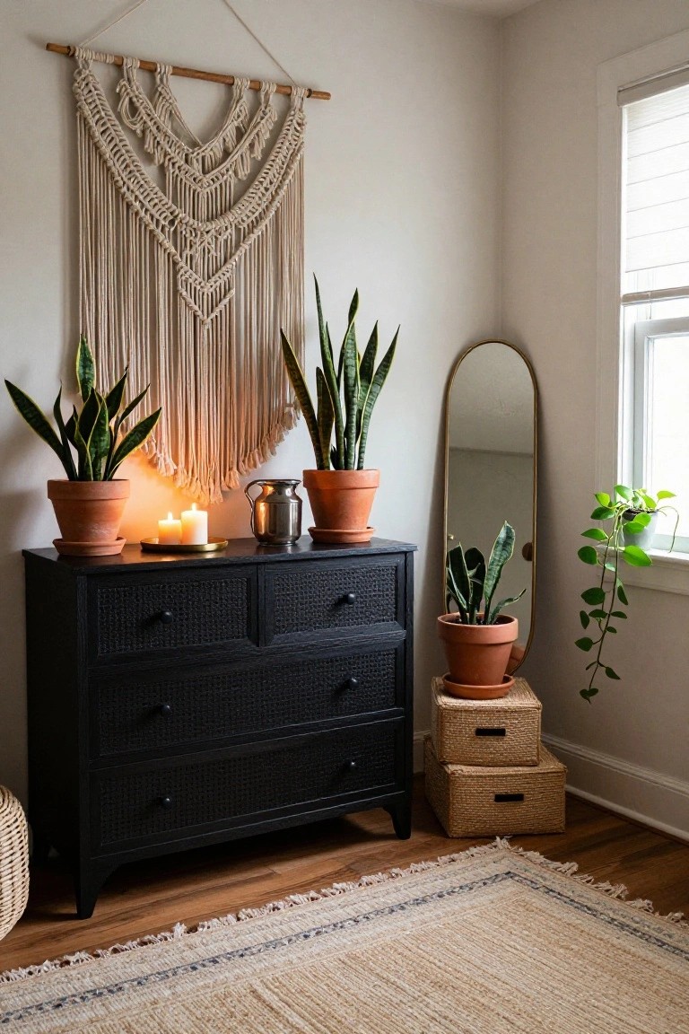 Black dresser with plants, candles, macrame wall hanging, and mirror in corner.