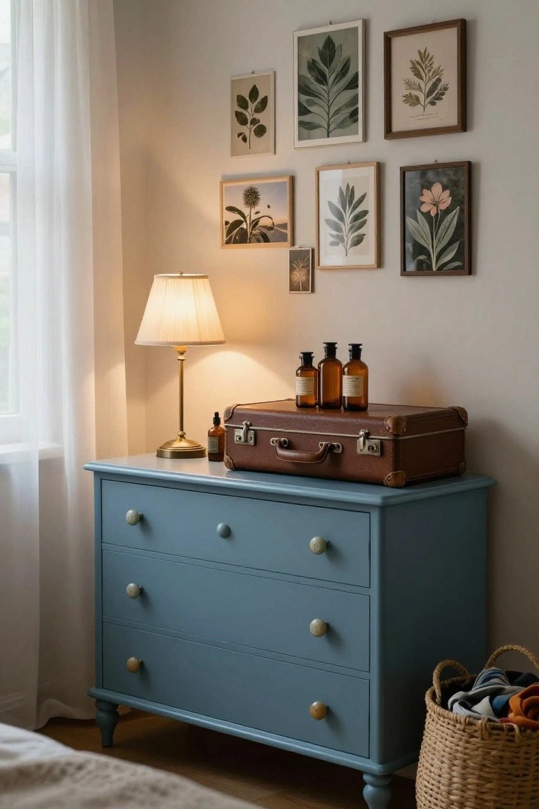 Blue dresser topped with vintage suitcase, lamp, and framed botanical prints.