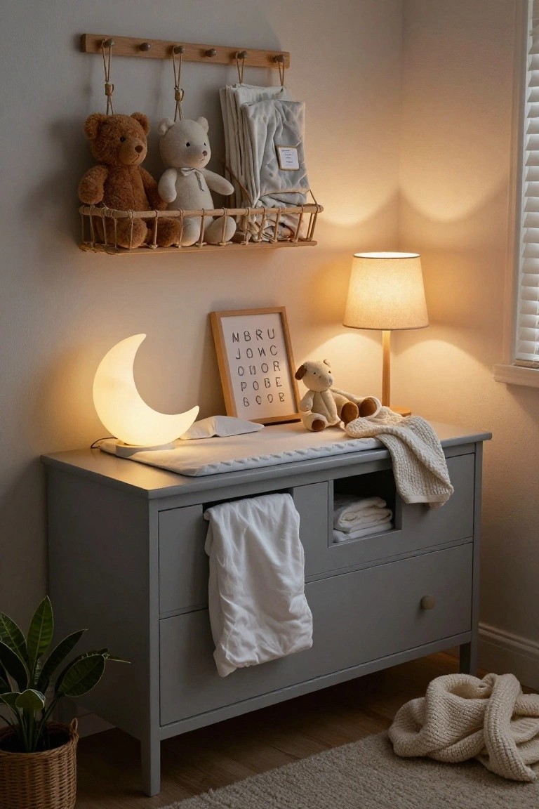 A gray dresser in a nursery holds a glowing crescent moon lamp, a small framed sign, and plush toys, with folded blankets in the open cubby and draped over the sides.