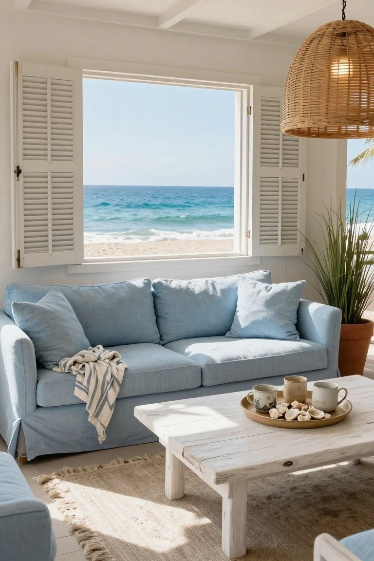 Light blue slipcovered sofa in a white room with open shutters on a large window framing beach and ocean view, whitewashed coffee table holding mugs and seashells, potted plant, and seagrass rug.