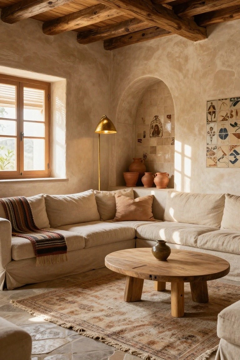 Beige slipcovered L-shaped sofa with orange pillows and multicolored woven throw in a corner room with arched tiled niche, terracotta pots, gold floor lamp, round wooden coffee table, patterned rug, and exposed wooden beams on plaster walls.