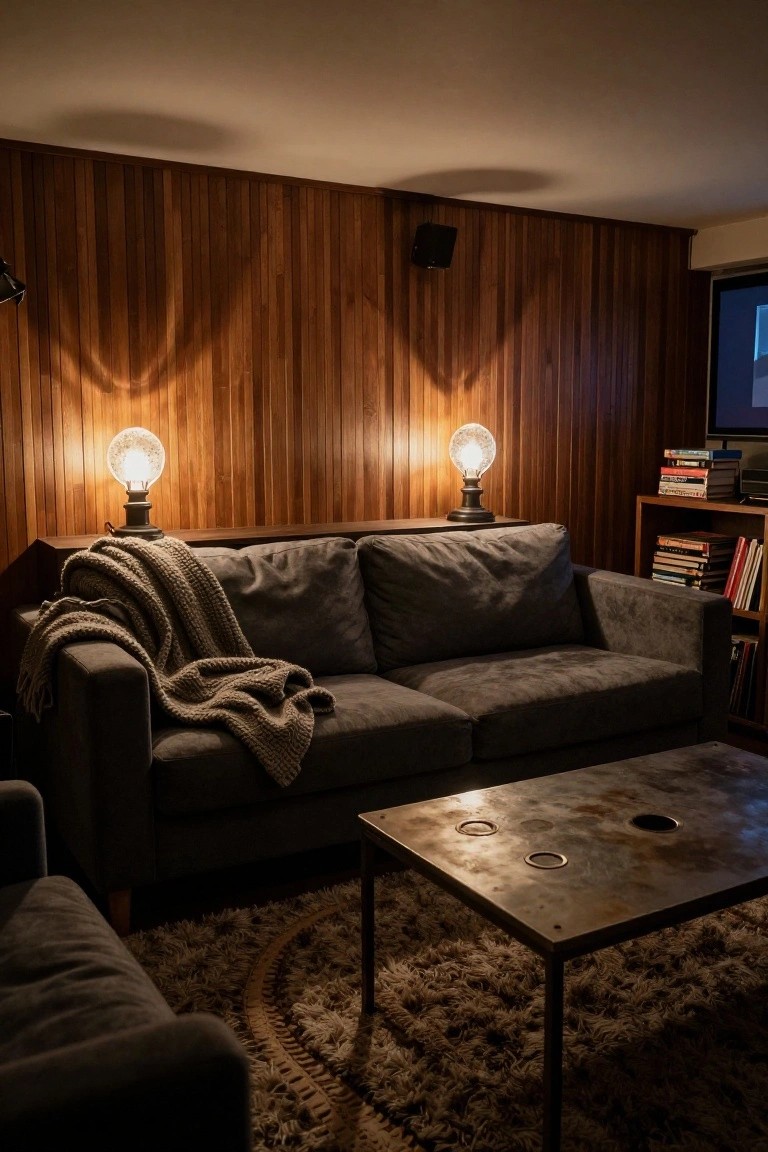 Dimly lit interior room with vertical wood-paneled walls, gray L-shaped sofa draped with gray knit blanket, two brass globe lamps, wooden bookshelves filled with books, metal coffee table with circular cutouts, and round rug.