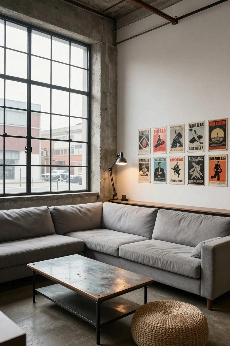 Industrial loft room featuring a gray L-shaped sofa, metal coffee table with shelf, woven pouf, vintage posters on white wall, desk lamp, and large multi-pane windows overlooking urban street.