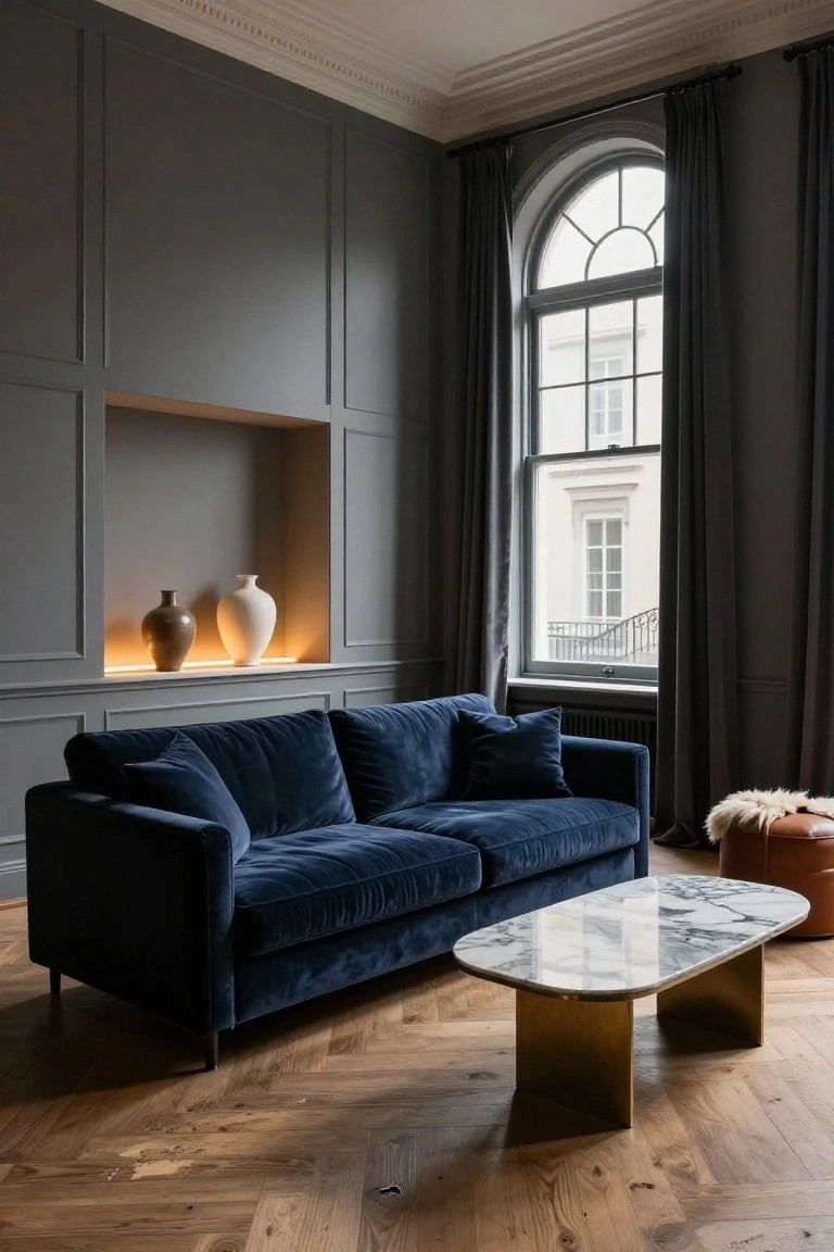 Navy blue velvet three-seater sofa in a gray paneled living room with arched window, lit niche shelf holding two vases, white marble coffee table on brass legs, orange sheepskin pouf, and herringbone wood floor.