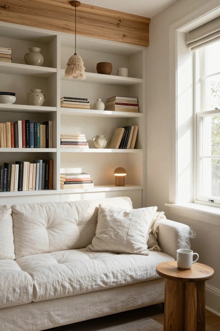 White tufted linen sofa in a nook with surrounding white built-in bookshelves filled with books, ceramics, and a small lamp, beside a window with rolled-up beige blinds and a wooden side table holding a white mug with steam, under wooden ceiling beams.